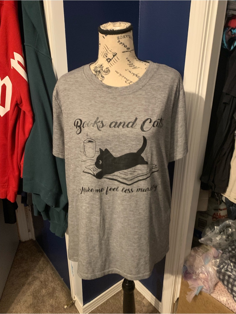 Gray "Books and Cats" Graphic Pet Lover Tee